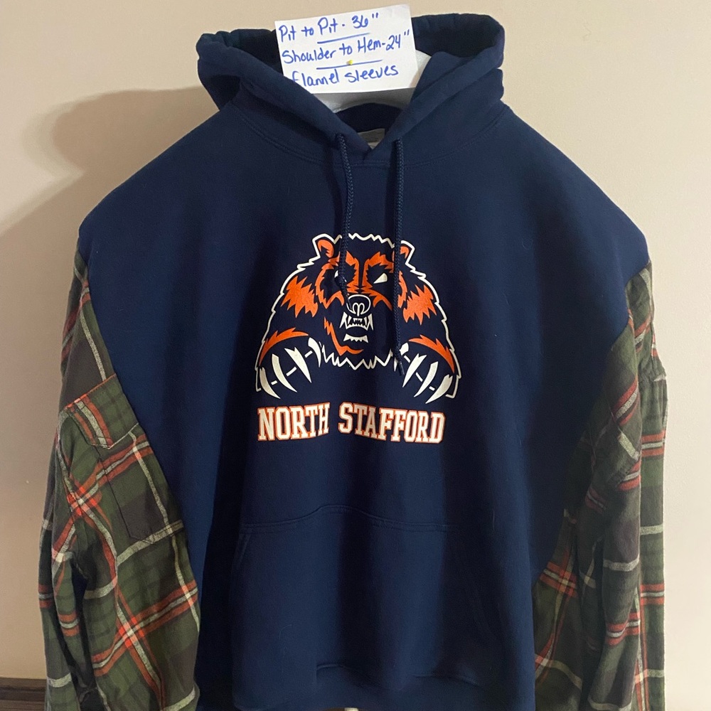 North Stafford Men's Navy Hoodie with Plaid Sleeves size xl